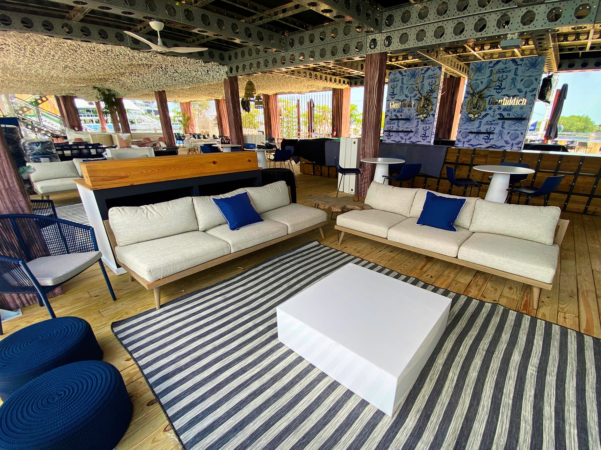 nautical lounge setup featuring our rental tilden sofas